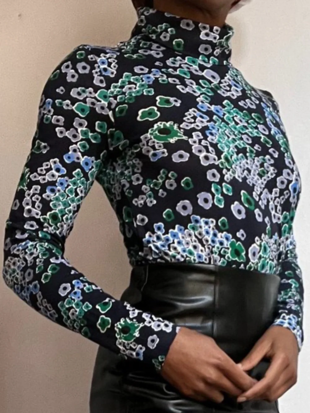 J. Crew Floral Printed Tissue Turtleneck large - navy teal multi